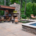 pool and patio with landscaping
