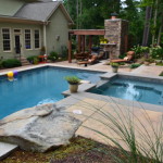 pool and patio with landscaping