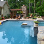 pool and patio with landscaping