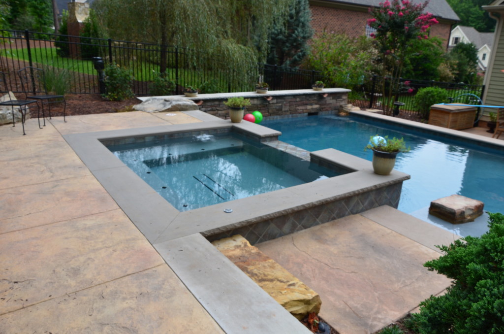 pool and patio with landscaping